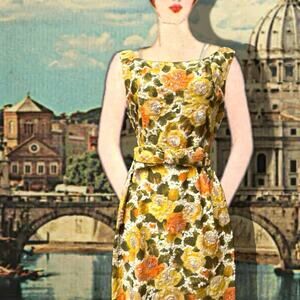 Vintage 1960s Beaded Sequined Silk Floral Wiggle Dress Yellow Orange Green belt